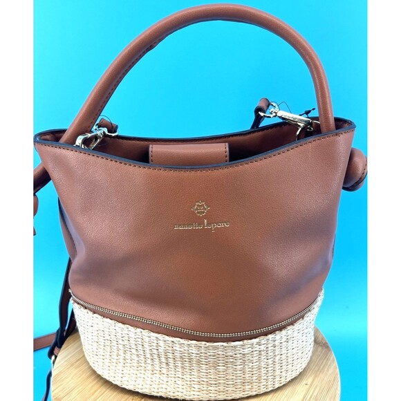 Nanette Lepore Reese Bucket Rattan Bottom Vegan Leather Bag Purse Brown/Tan - Picture 3 of 14